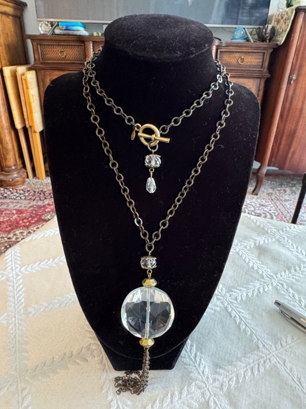 Vintage Premier Designs Bronze Chain Necklace with Clear Crystal Pendant